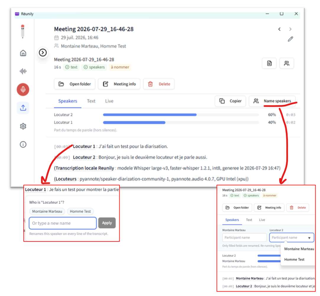 Diarization and speaker attribution, either by clicking directly in the text or with the Name speaker option