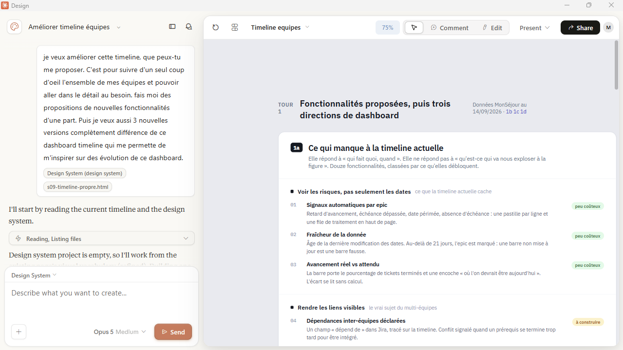 Claude Design : fonctionnalités proposées, puis trois directions de dashboard